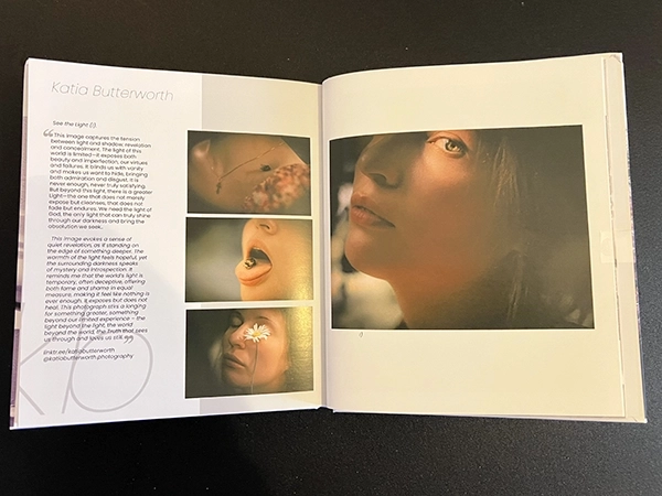 Exhibition catalogue layout featuring artist insights and high-definition photography prints.